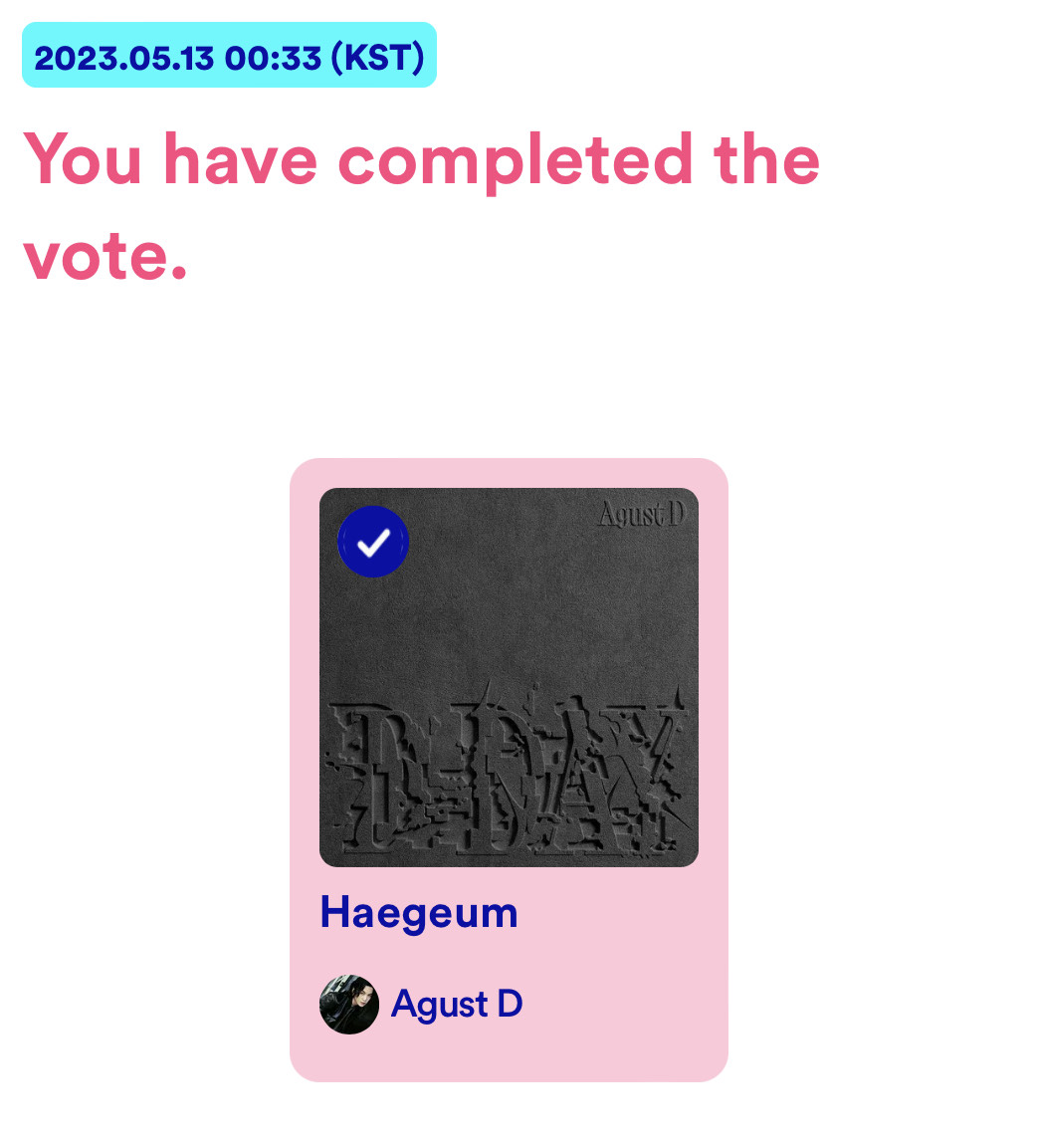 dSUGA_1993's tweet photo. M Countdown Pre-Vote for ep. 797 is LIVE. 

Agust D is currently winning and we want it to stay that way!! 

‼️ARMY, PLEASE VOTE FOR HAEGEUM‼️

Let’s get Agust D his well-deserved win. ♡ 

🖇️: https://t.co/FeGlbtgNqA https://t.co/xxpu2ZuppK
