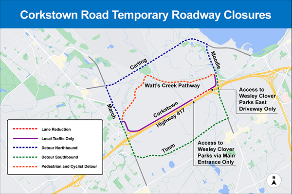 laine_johnson1's tweet photo. Please note that #LRT construction will close Corkstown Rd tonight in both directions from Moodie to March Rd. Starting tomorrow, a small section of Corkstown WB lane will be closed for about 8 wks. See the notice & detour below. #CollegeWard #OLRT (pending last minute changes) https://t.co/UrlWzq0rqT