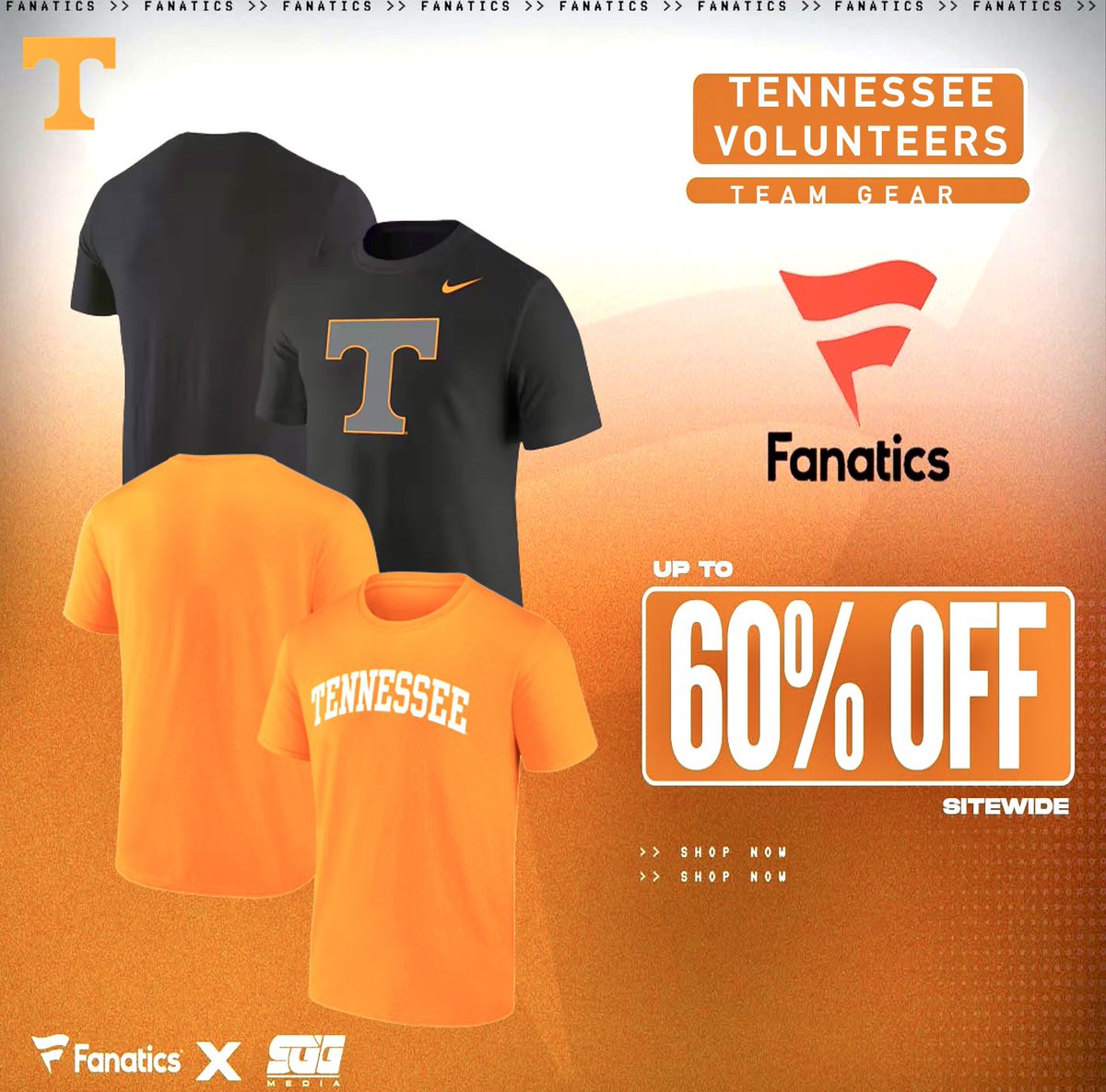 VOLS SUPER SALE, <a href="/Fanatics/">Fanatics</a>, 65% OFF TENNESSEE GEAR! 🤯 

Take advantage of Fanatics latest exclusive offer and get up to 65% OFF Tennessee gear using THIS PROMO LINK: fanatics.93n6tx.net/TEN65 📈

DEAL ENDS SOON! 🤝