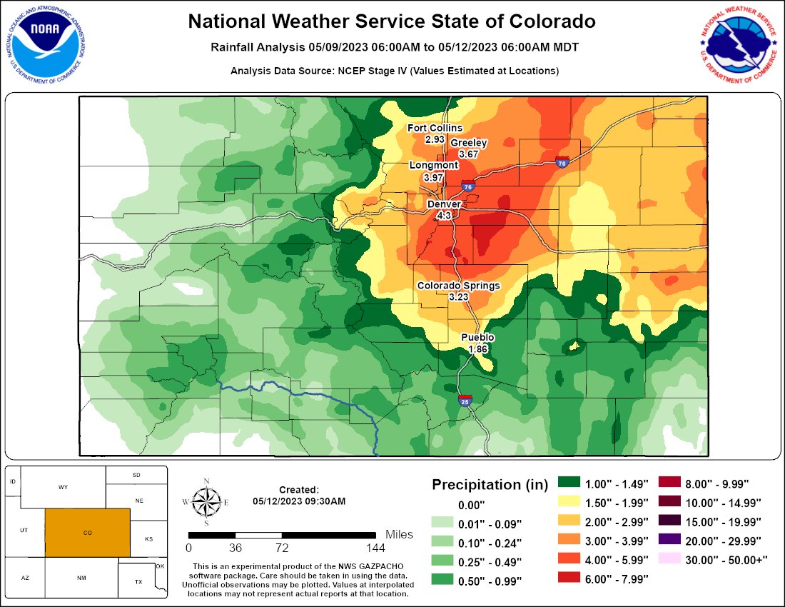 NWSBoulder's tweet photo. Here is an initial rainfall analysis graphic for the period from 6 pm Tuesday through 6 am today.  #cowx https://t.co/yaoz24iq9Q