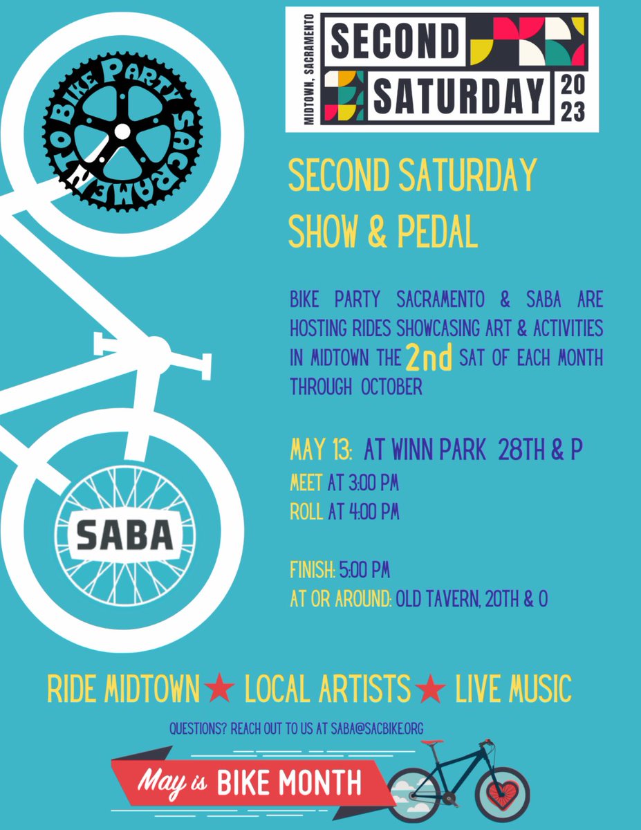 SABA and Bike Party Sacramento are teaming up to host rides throughout Midtown that showcase art and other activities from now until to October every second Saturday of the month! Join us this Saturday at Winn Park at 3:00.