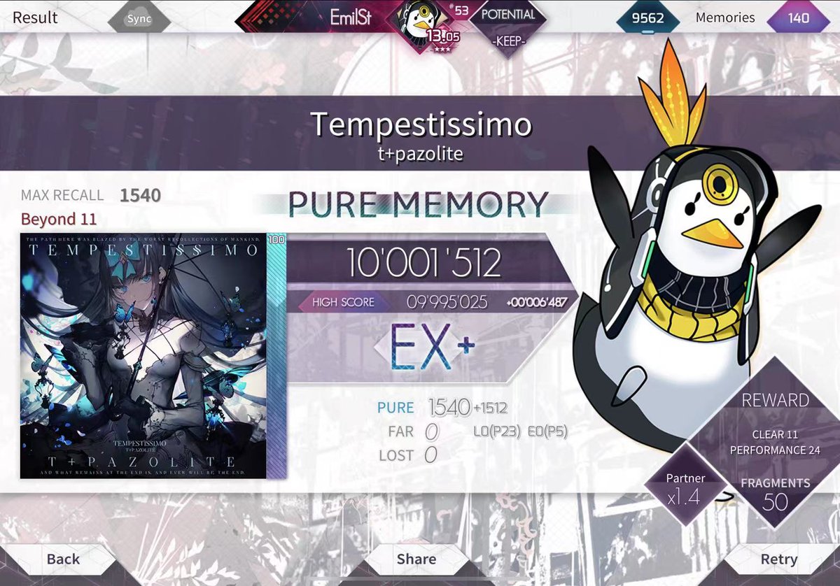 EStampfly's tweet photo. Arcaea level 11 ALL PMed!!!!!!!!!
PTT 13.06!!!!!!
Only Testify BYD now. But it's definitely gonna be a protracted war.
#arcaea #tempestissimo https://t.co/xao4VwOEdm