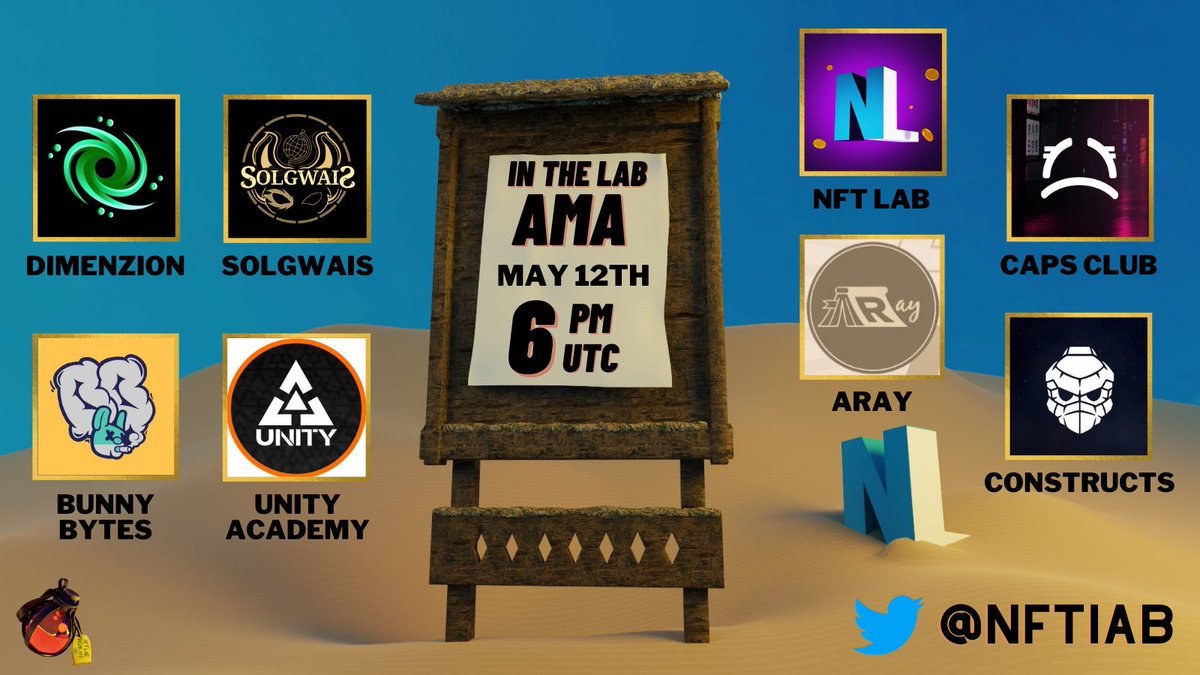 NLAB_s's tweet photo. Join us for an AMA in the lab today 🧪

We’ve got some special guests coming out.

@SolgwaisNFT 
@UnityAcademy__ 
@BunnyBytesNFT 
@ConstructsNFT 
@ARAY_nft 
@DimenzionNFT 
@CapsClub_io https://t.co/hIeX7mfv8o