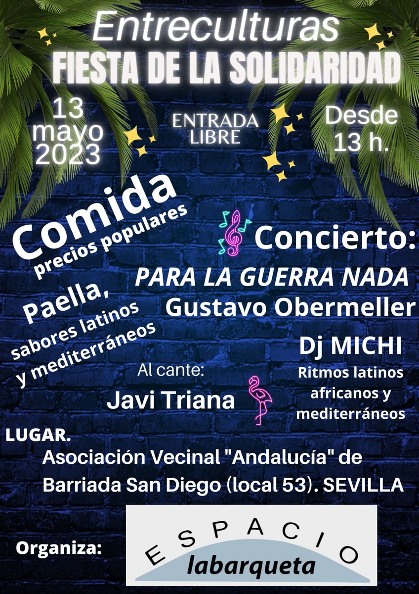 Ven a la FIESTA de la *SOLIDARIDAD*
 _ENTRECULTURAS_ .

Habrá PAELLA🥘 caracoles🐌 gastronomia y comida a precios populares
🥘🥑🍷🍻🥂🥙🥪

Música en directo y ritmos latinos, africanos y mediterráneos.
🎤🎼🎹🪘🥁🪇🎺
 *Te esperamos* .