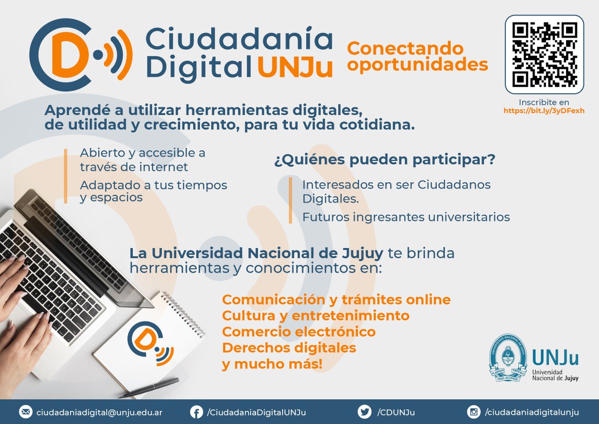 𝗖𝗜𝗨𝗗𝗔𝗗𝗔𝗡Í𝗔 𝗗𝗜𝗚𝗜𝗧𝗔𝗟 𝗨𝗡𝗝𝘂 - 𝗖𝗼𝗻𝗲𝗰𝘁𝗮𝗻𝗱𝗼 𝗢𝗽𝗼𝗿𝘁𝘂𝗻𝗶𝗱𝗮𝗱𝗲𝘀 🖥️📱
✅ Gratuito ✅ Virtual ✅ Accesible
➡️ Mayores de 16 años de edad. 
➡️ Inscripciones 👉 bit.ly/3yDFexh
➡️ Inicia: Lunes 15/05 
➡️Más info: unju.edu.ar/ciudadania_dig…