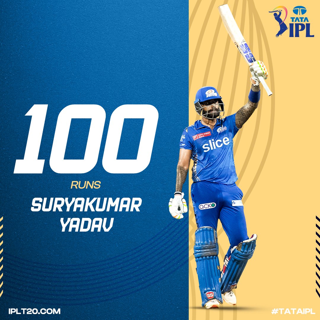 IPL's tweet photo. 𝙋𝙪𝙧𝙚 𝘾𝙡𝙖𝙨𝙨 👏👏

@surya_14kumar lights up Mumbai with his maiden IPL 1️⃣0️⃣0️⃣ 🤩

Follow the Match: https://t.co/o61rmJX1rD

#TATAIPL | #MIvGT https://t.co/dQQ8jjTv1s