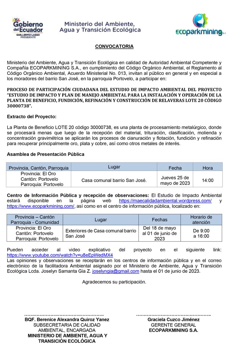 ecoparkmining's tweet image. Convocatoria Pública del proceso de participación ciudadana “ESTUDIO DE IMPACTO Y PLAN DE MANEJO AMBIENTAL PARA LA INSTALACIÓN Y OPERACIÓN DE LA PLANTA DE BENEFICIO, FUNDICIÓN, REFINACIÓN Y CONSTRUCCIÓN DE RELAVERAS LOTE 20 CÓDIGO 30000738”
