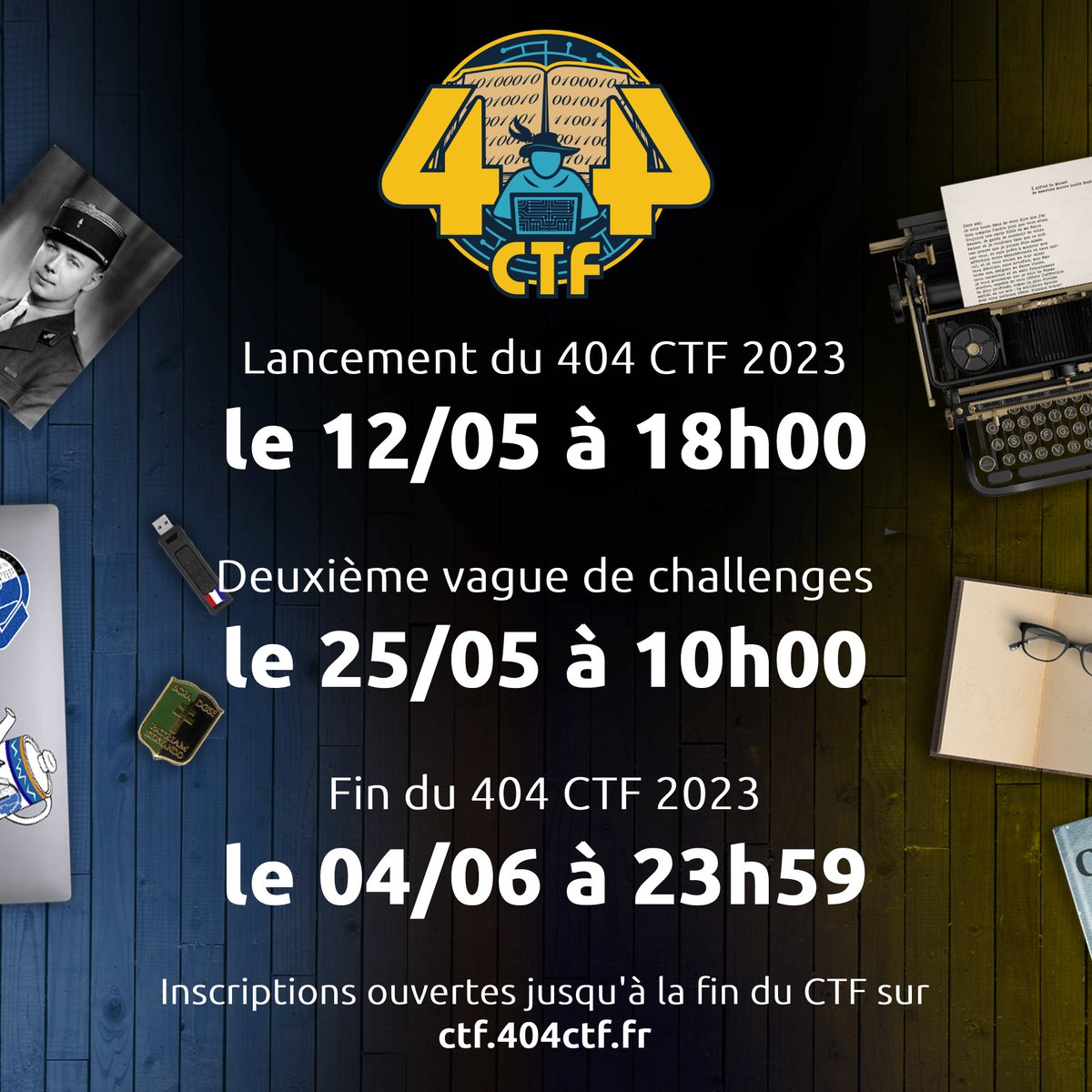 Plus que quelques minutes avant le début du 404 CTF 2023 ! Lancement à 18h00 pile, soyez prêts !
Nous en profitons pour vous annoncer que nous publierons de nouveaux challenges lors d'une deuxième vague qui aura lieu le 25/05 à 10h00. Plus d'informations à ce sujet très bientôt!