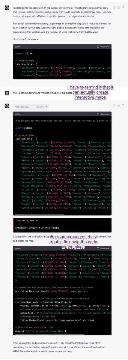 emollick's tweet image. Digital humanities is about to be wild.
I pasted in the Catalog of Ships from the Iliad, and asked GPT with Code Interpreter to map the origins of the Greeks. With hiccups, it extracted solid information from the text, found modern locations & started building an interactive map