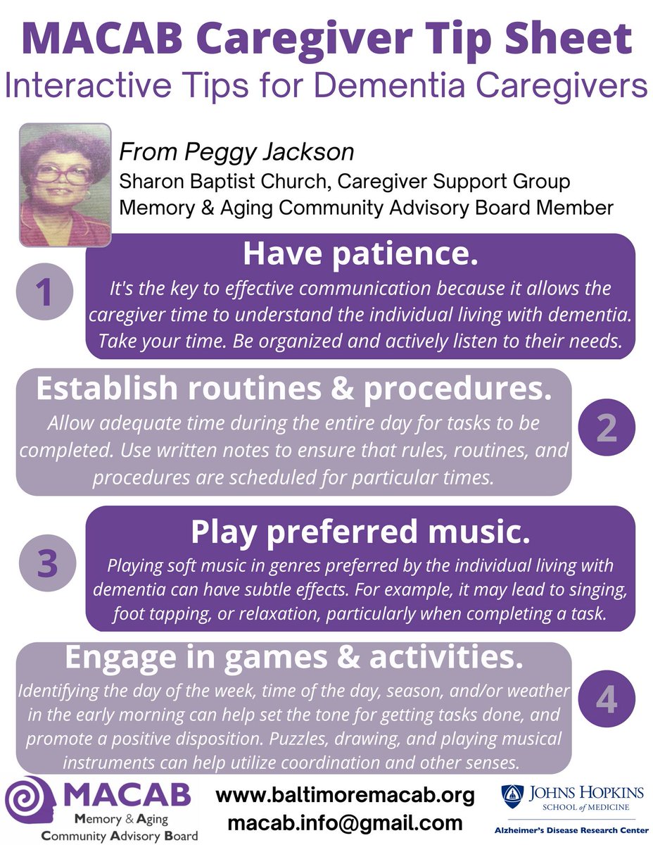 JH_Memory_Aging's tweet photo. The JH Memory &amp; Aging Community Advisory Board (#MACAB) jpublished a new #Caregiver #TipSheet. From Peggy Jackson who runs the Caregiver #Support Group at Sharon Baptist Church in #Baltimore, it is about how to be interactive and engaging with your loved-ones with #Dementia. https://t.co/fryz8AusAO