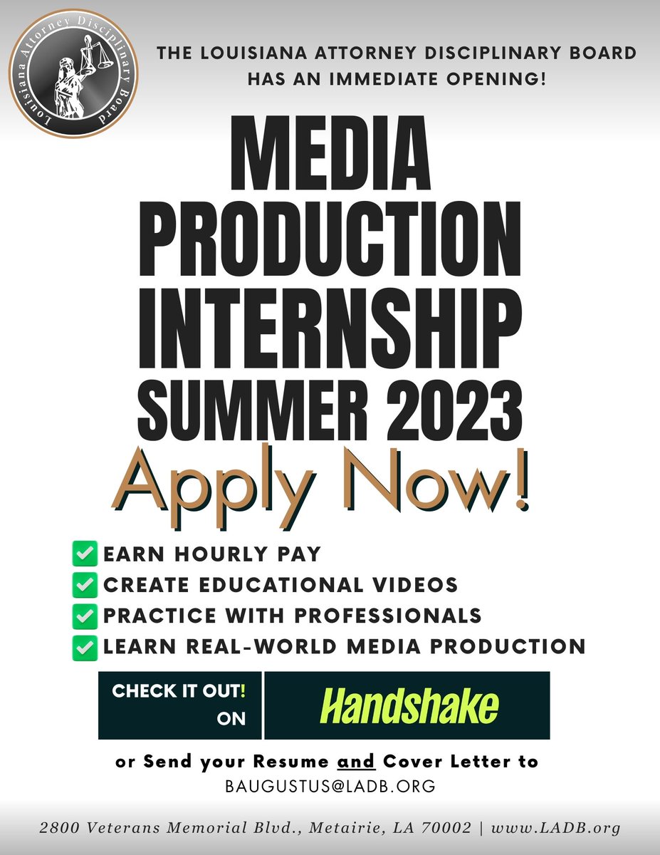 ocs_xula's tweet image. Creatively inclined major students: The LADB is looking for applicants for their PAID summer internship program! If you are in need of an opportunity to build within your industry while earning funds and establishing great connections, this could be the opportunity for you!