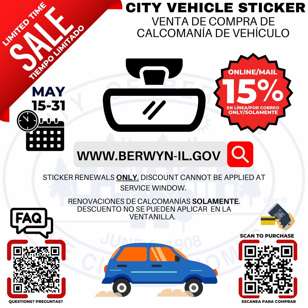 2023 City Vehicle Sticker Sale Starts Monday, May 15th!

All ONLINE City Vehicle Sticker Purchases made Monday, May 15th through Wednesday, May 31st will receive a 15% discount.

Discount is valid for online purchases ONLY. Discount will NOT be applied at City Hall.
