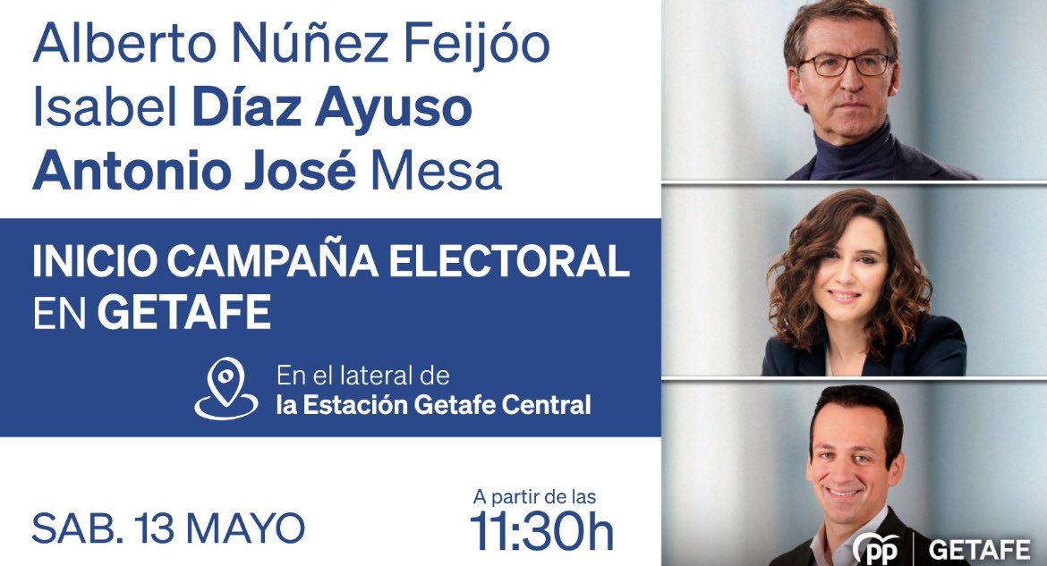 Mañana tendremos la suerte de poder contar con <a href="/NunezFeijoo/">Alberto Núñez Feijóo</a> en el vecino municipio de #Getafe junto a <a href="/IdiazAyuso/">Isabel Díaz Ayuso</a> y  <a href="/AJMesaGarrido/">Antonio José Mesa</a> 
📍<a href="/popularespinto/">Populares de Pinto</a> allí estaremos ☺️ #GANAS