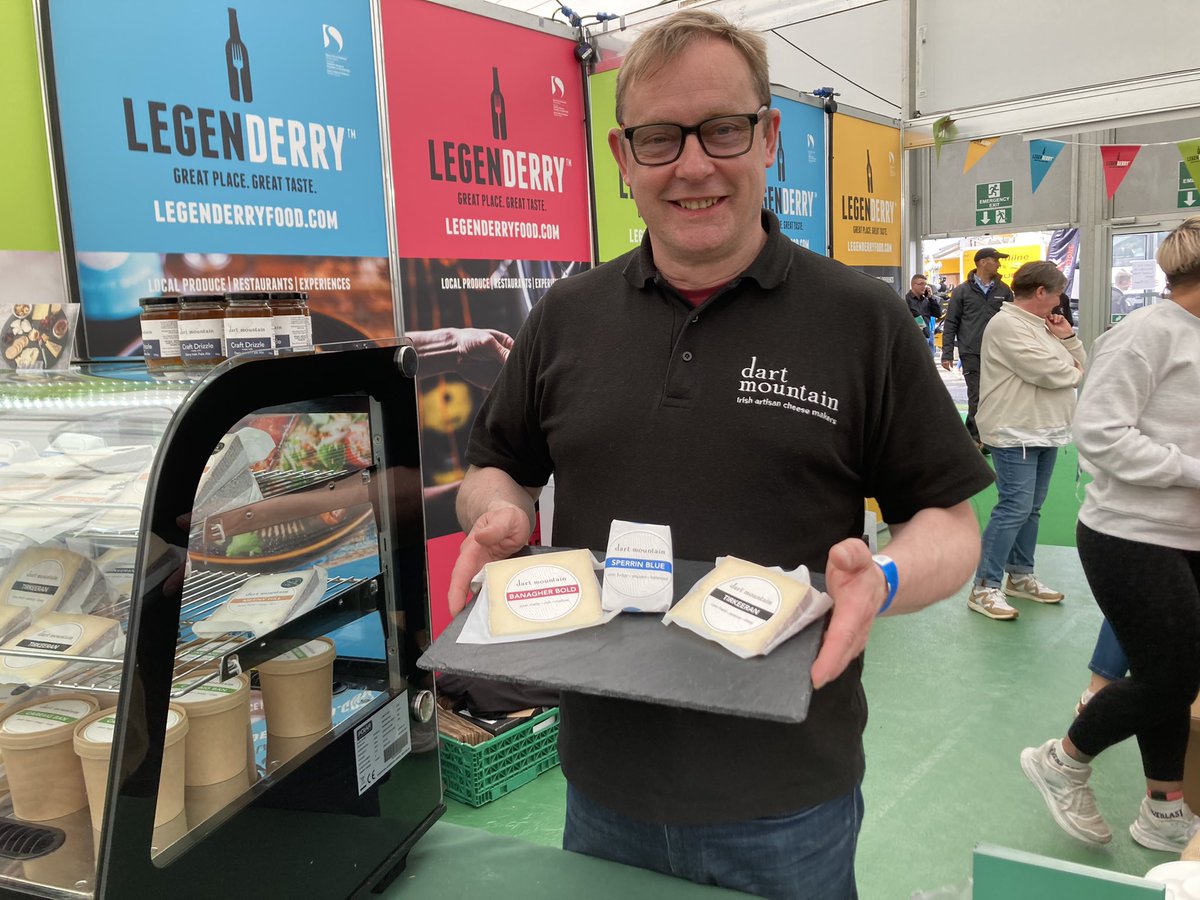 HelenMark01's tweet photo. @dartmountain Kevin Hickey and his fabulous cheeses inspired by and made in the #Sperrins Local produce at its best on show in food hall @balmoralshow   Hear more about it on Your Place and Mine @bbcradioulster Sat 8am. 
PS - Hubby and I devoured our purchase on train home mmm! https://t.co/r4ZZ4bV3E0