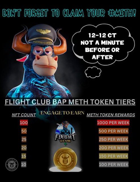 Don’t forget to claim your weekly #METH or our bi-weekly community flight tomorrow from 10-4 EST <a href="/FlightClubBAP/">Flight Club Creations (MINTING NOW)</a> <a href="/BullsApesProj/">Bulls and Apes Project</a>
