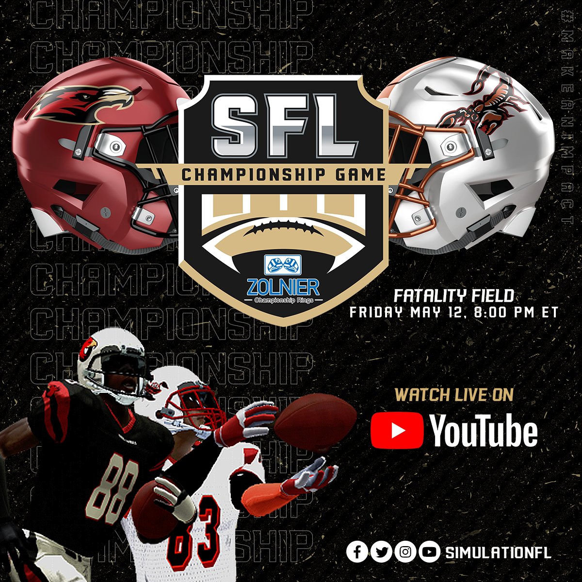 The <a href="/zolnierllc/">Zolnier Championship Rings</a> 20th SFL Championship Game is here!

<a href="/SFL_Vultures/">baltimore vultures</a> (11-3) at <a href="/SFLArizona/">Arizona Scorpions</a> (11-3)
Kick: 8 pm ET, YouTube

Watch Live: buff.ly/3pBXxkT 
Game Preview: buff.ly/3pEMBTp 
Champ History: buff.ly/3nNSsWh 
Zolnier Info: buff.ly/3Zxgin0