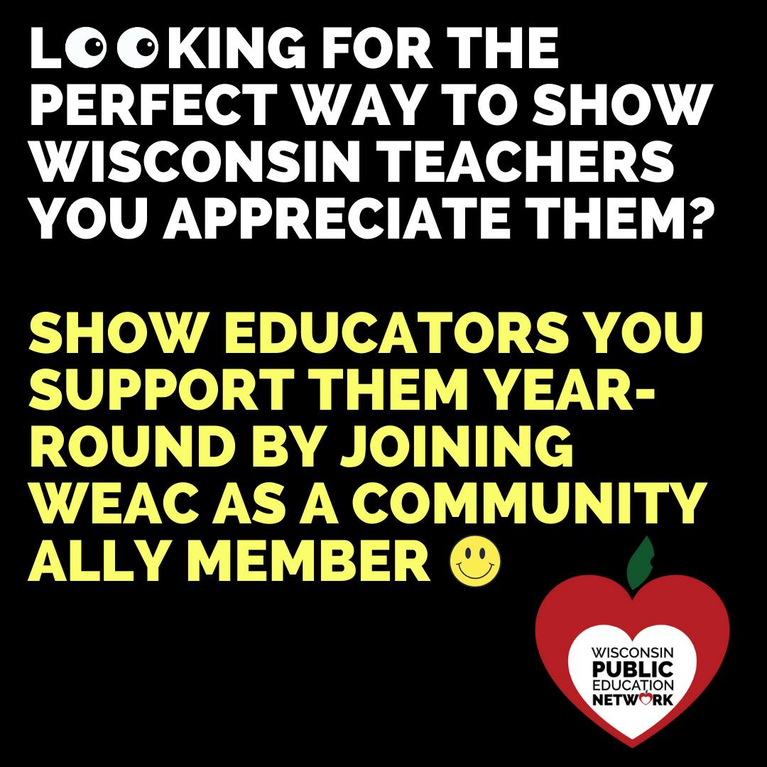 WiscEdNetwork's tweet photo. Looking for a meaningful way to let WI teachers know you appreciate them? Join @WEAC as a Community Ally member! For $40/yr, you can show the educators who work so hard to support students year-round that you support THEM, too!
https://t.co/9FfsJk7bin
#AppreciationInAction https://t.co/0E3FKTOoCp