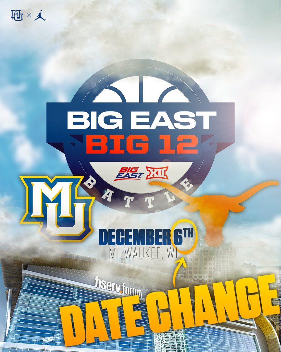 MarquetteMBB's tweet photo. UPDATE: Our game @FiservForum vs Texas has been moved to Wednesday, December 6th.

#MUBB | #WeAreMarquette https://t.co/ngBxlHpMYC