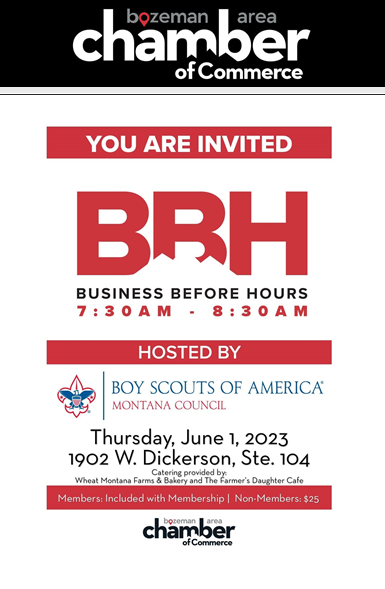 Join us for Business Before Hours hosted by Boy Scouts of America on Thursday, June 1, 2023!
<a href="/MontanaCouncil/">Montana Council</a>