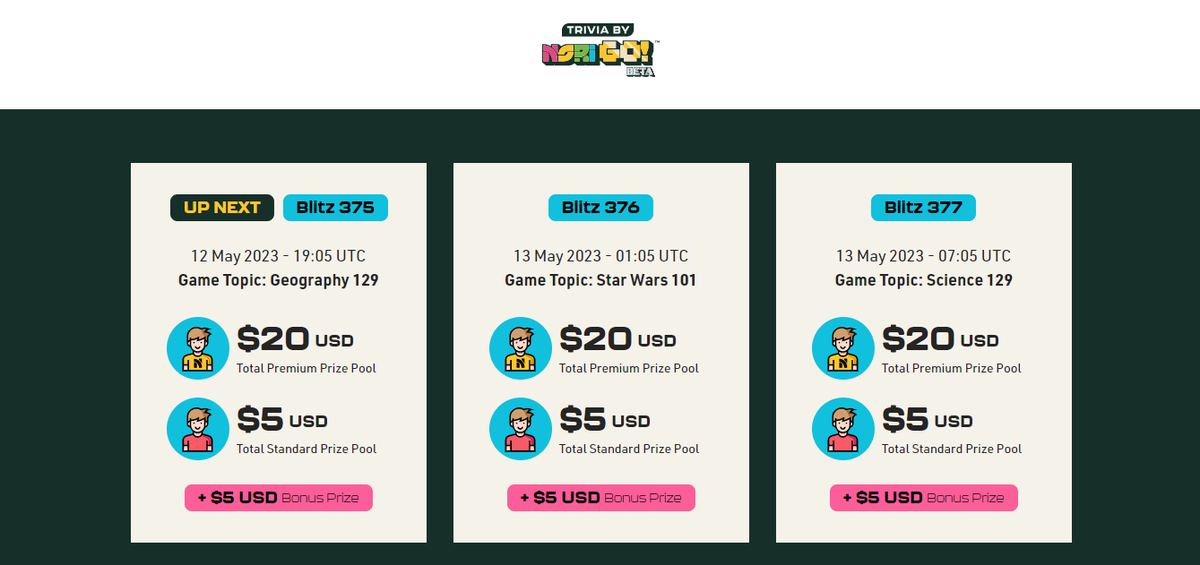 Hey Nori fam, ready for today’s Blitz games? 

Thinking caps ON everyone 🧢

Themes for today - Geography, Star Wars, and Science 

Play the trivia here - trivia.norigo.fun/games 

Take a screenshot of your scores and tag us 😎
