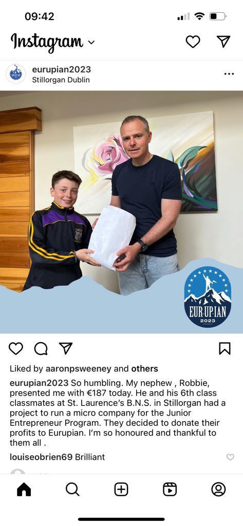 Robbie from 6th class presented €187 of the class’ profits from the @JEP_ie to the charity they voted to donate to: @eurupian This is a charity close to Robbie’s heart as it is founded by his uncle Ian, which aims to help those with Early Onset Parkinson’s!