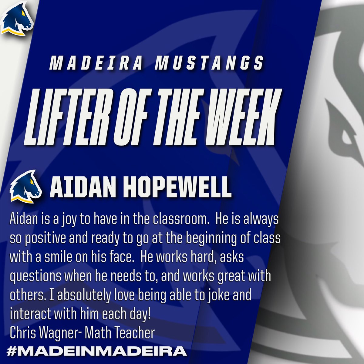 Congrats to <a href="/aidanhopewell_5/">Aidan Hopewell</a> for winning <a href="/MadeiraFB/">Madeira Mustangs Football</a>  Lifter of the Week. 
🏋️‍♂️🏈
#GSD #MadeInMadeira 
<a href="/jchriswagner/">Chris Wagner</a>
