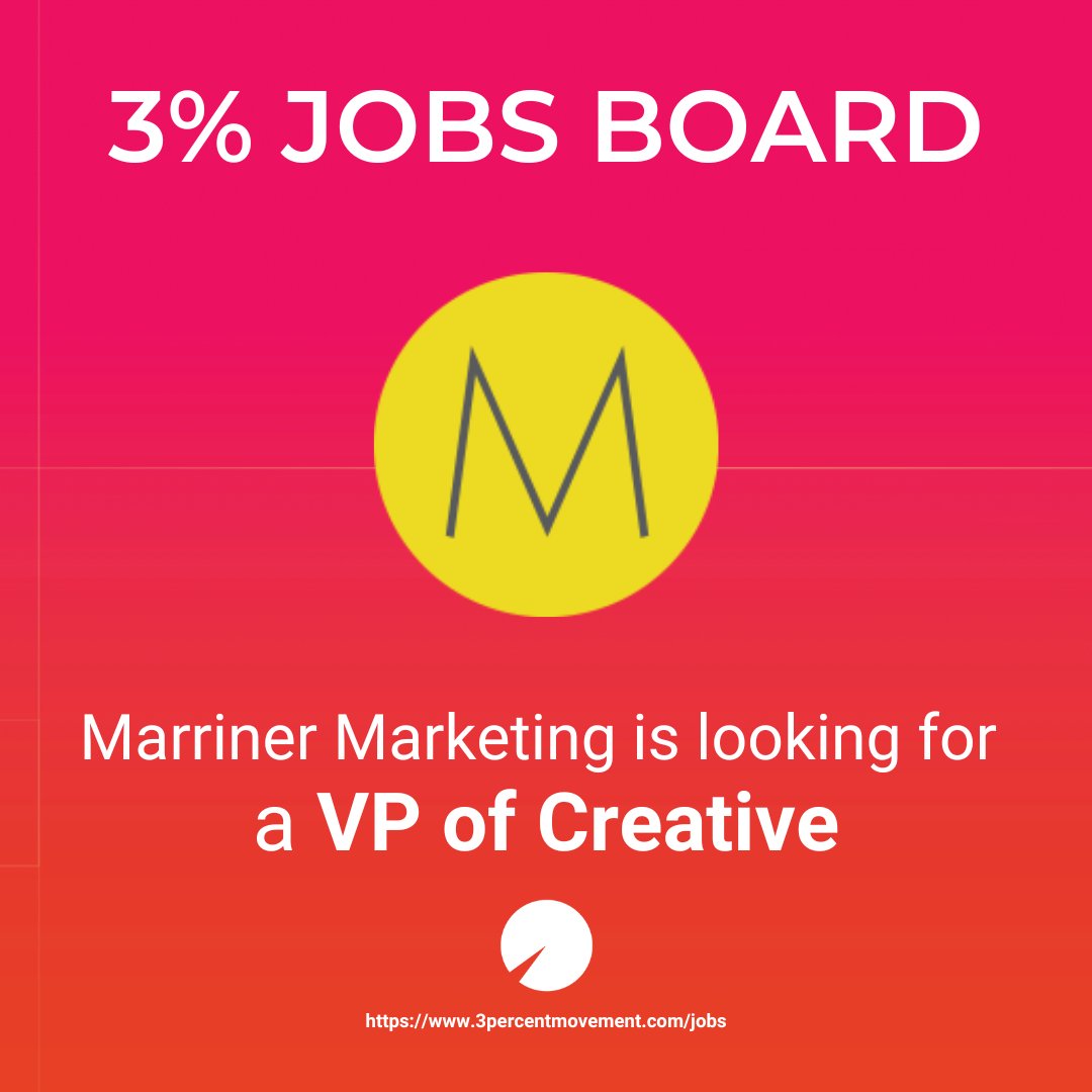 The 3% Conference (@3percentconf) on Twitter photo 3% Jobs: VP of Creative
Marriner Marketing, an award-winning agency specializing in food, beverage and tourism is actively seeking a VP of Creative to turbo charge the next stage of agency growth.
3percentmovement.com/job/marriner-m…
#3PercentJobs 3% Jobs: VP of Creative
Marriner Marketing, an award-winning agency specializing in food, beverage and tourism is actively seeking a VP of Creative to turbo charge the next stage of agency growth.
3percentmovement.com/job/marriner-m…
#3PercentJobs
