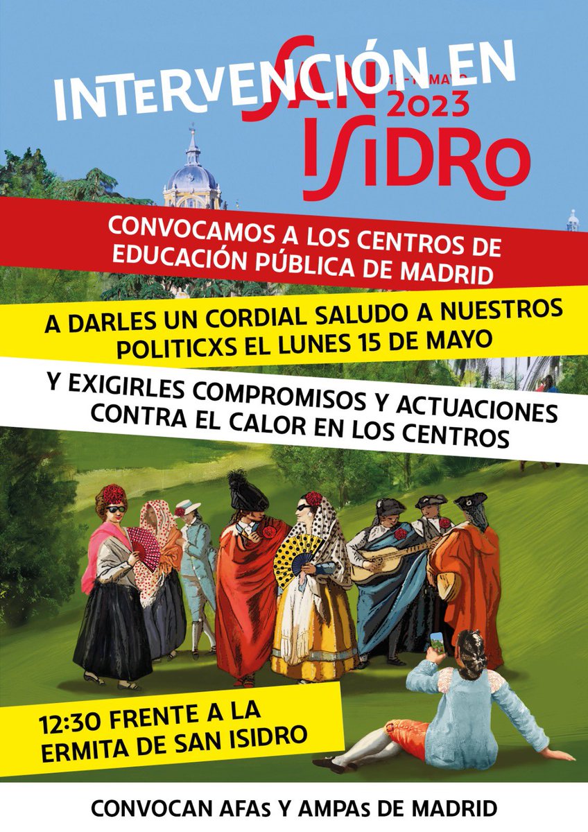 #PorqueNoHacenNada para que los coles de nuestrxs peques dejen de ser hornos🔥🥵, el lunes 15 AFAs y AMPAs de Madrid celebraremos San Isidro en La Pradera🌳🌱🌿. ¡Acompáñanos con tu mantón reivindicativo! ¡Y anímate a cantar nuestro chotis-protesta!
bit.ly/chotis-escuela…
