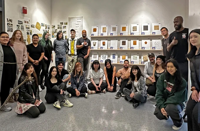 The student founders of the Sustainable Materials Learning Library at SF State pose for a group photo in the space

