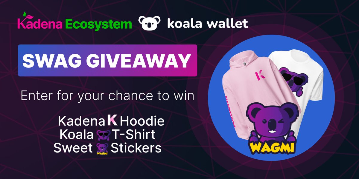 KadenaEcosystem's tweet image. 🎁#SWAG #GIVEAWAY🎁

To show our appreciation to the community we have partnered up with @KoalaWallet to giveaway some sweet SWAG! 

You could win a ballin' #Kadena Hoodie, a Koala Cool T-shirt or some awesome #WAGMI Koala stickers!

Enter below⬇️
kadenaecosystem.com/giveaway