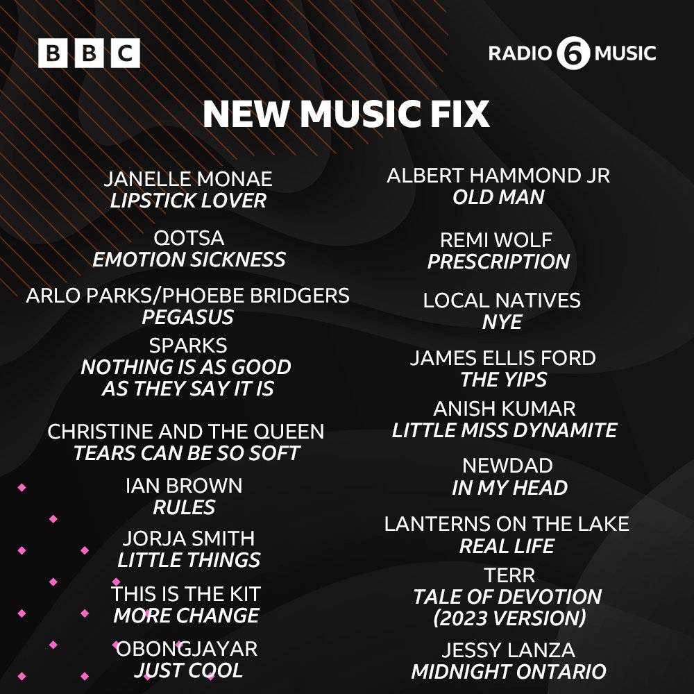 Time to freshen up those playlists! 🍋

This week's New Music Fix Playlist has new tracks from... 

👉 <a href="/qotsa/">QOTSA</a> 
👉 <a href="/JanelleMonae/">Janelle Monáe👽🚆🤖🚀🪐</a> 
👉 <a href="/arloparks/">Arlo Parks</a> / <a href="/phoebe_bridgers/">traitor joe</a> 
👉 + MORE 

Listen now on <a href="/bbcsounds/">BBC Sounds</a>: bbc.co.uk/sounds/brand/b…