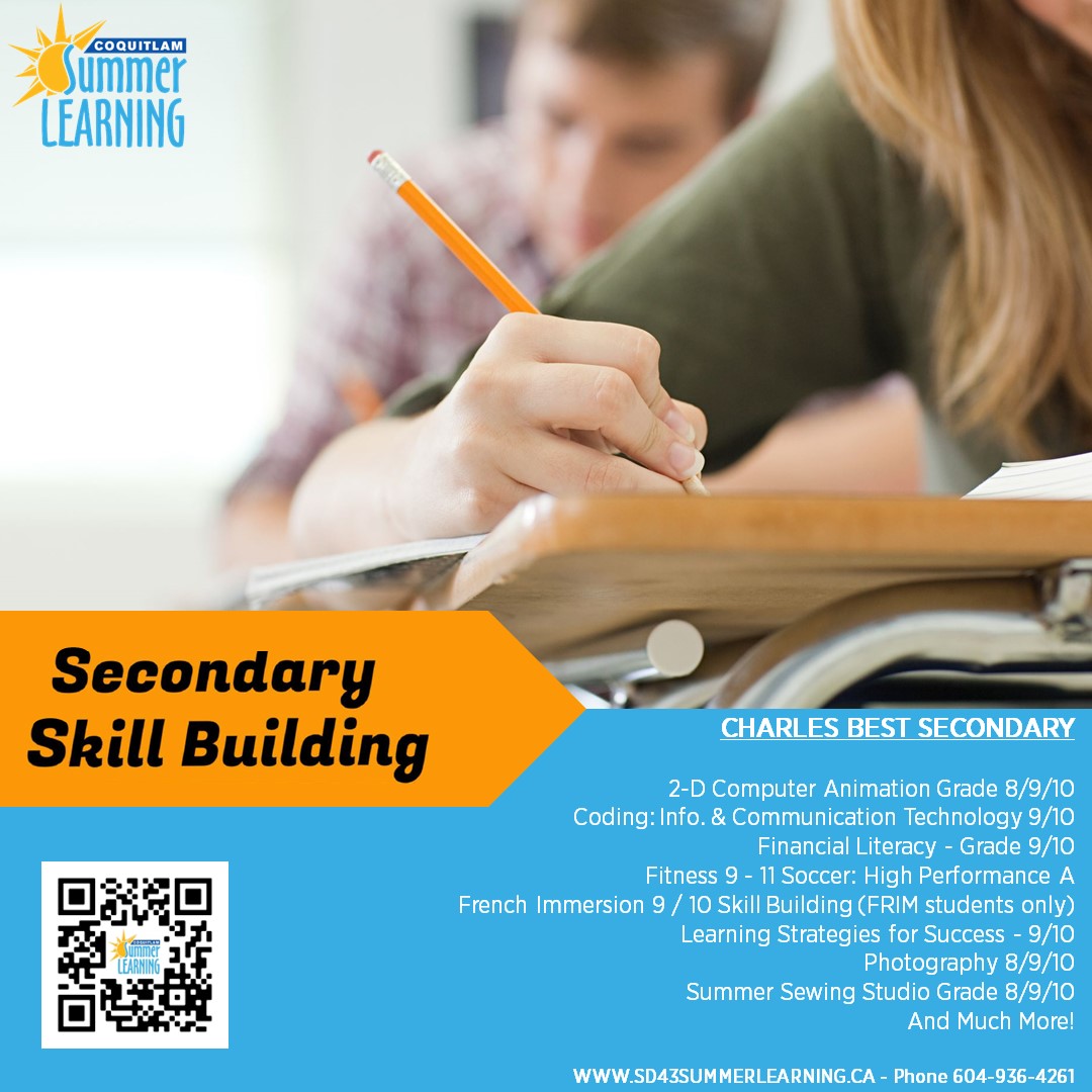Update: we still have spaces for some of our Secondary Skill Building Classes at Charles Best Secondary.

Register online at SD43SummerLearning.ca, or call 604-936-4261 for assistance.

#summerlearning <a href="/sd43bc/">School District 43</a>