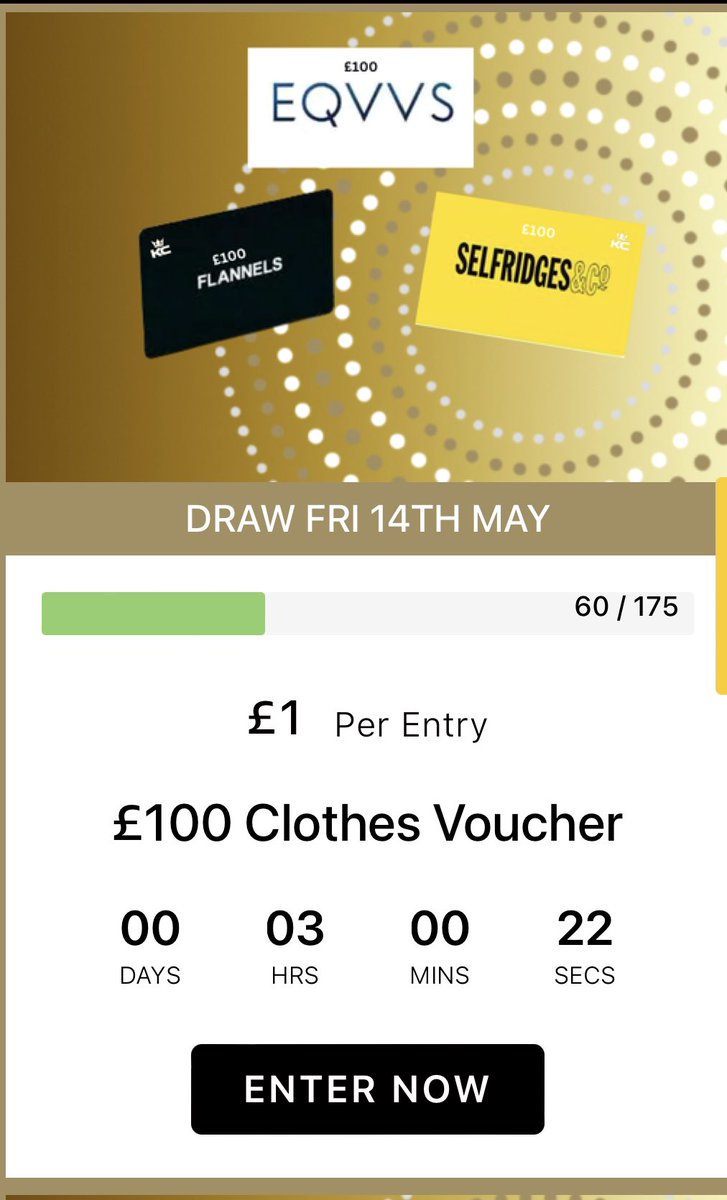 Kingcompsss's tweet photo. 3 hours left on these and the odds are a shambles. Super high odds of winning due to low entries 🥶🔥

Fancy a bash at winning £100 voucher for a clobber or £100 cash for a quid?!

https://t.co/hBE96sqC8z

It could be your time to win with the king 👑 https://t.co/kFdKaAGXOU