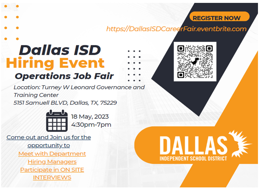 DISDFacilities's tweet photo. Have you heard? We're having a job fair May 18th! Will you help us spread the word? Registration starts NOW! 💙 #MFSteam @TeamDallasISD @dallasschools @DISDCelebrates https://t.co/pRf4yRUUJv