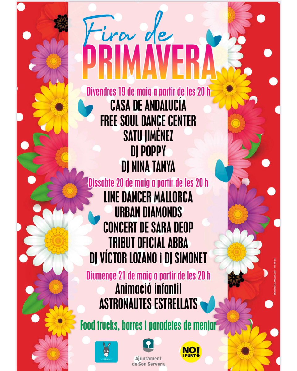 📣 La Fira de Primavera de Cala Millor 🌺 torna el pròxim cap de setmana i ho fa, com sempre, amb activitats, música i molt de ball per omplir de bon ambient i alegria la zona costanera.

Els dies 19, 20 i 21, t'esperam a l'aparcament de davant s'Hort de Cala Millor.