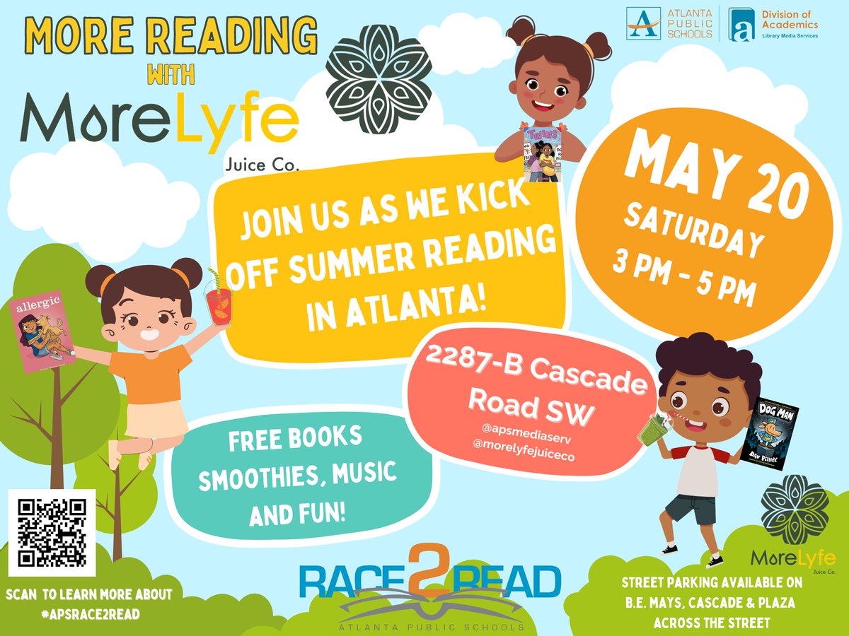 CostonCharice's tweet image. Come celebrate the Joys of Summer Reading with @apsupdate &amp;amp; @APSMediaServ as we kick off More Reading with More Lyfe Juice Co. Summer Reading next Saturday, May 20th! There will be Books, Smoothies, Music and Fun!! #APSRace2Read