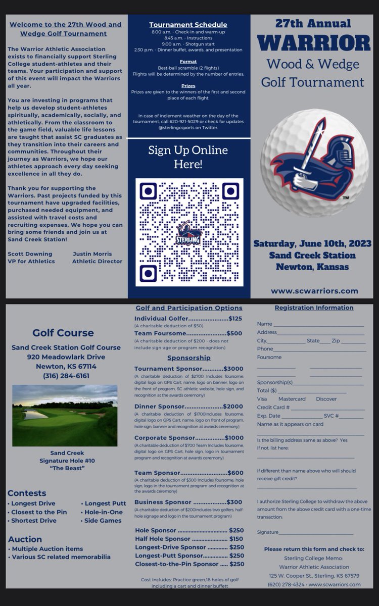 If you would like to support Sterling College Athletics this is one of our biggest fundraisers next month.

You can sponsor a golfer, the team of four, as well as several other larger options for business recognition.

Be sure to add Swimming to the sponsorship line!