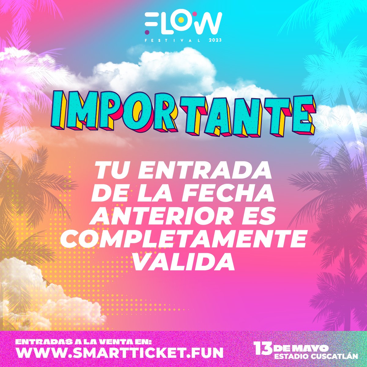 Flowfestsv's tweet photo. Si compraste tus boletos para la primer fecha que teníamos programada para el Flowfest es totalmente válida para ingresar este Sábado 13 de Mayo 😎
•Compra tus boletos aquí🎫:
https://t.co/j6YYfmQr9q
•Kiosko SmartTicket
Ya por fin solo falta 1 día🤩🙌
#FlowFestsv https://t.co/2Dk68QJigt