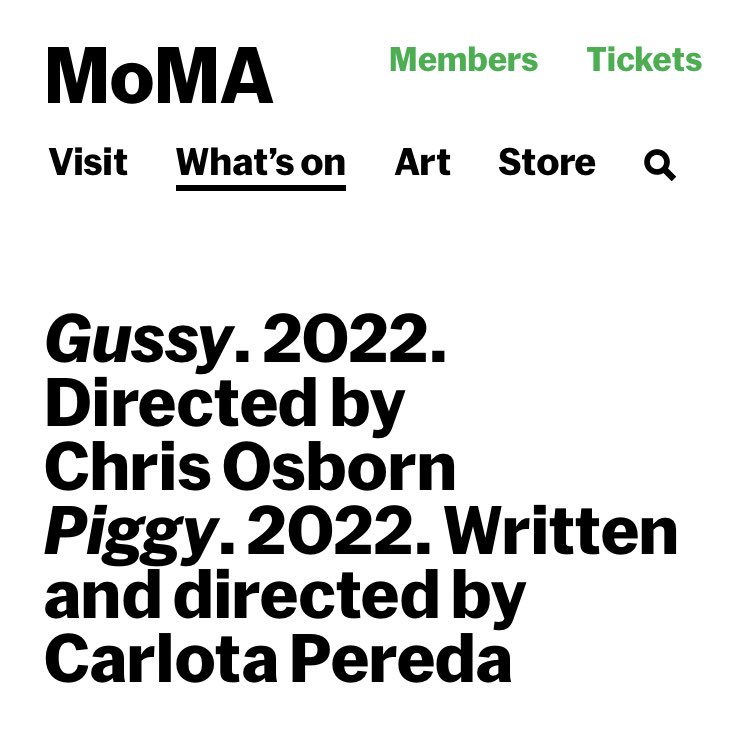 some major news: my film GUSSY will screen at @MoMAFilm next month as part of the fourth edition of @TheFOFIF, an annual celebration of women and nb filmmakers. i am beyond honored and humbled to be included in such an extraordinary lineup, i still can't believe it 😭😭😭