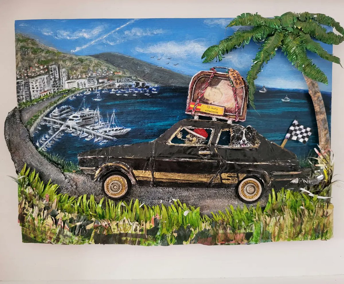 BlakewayRachael's tweet photo. Just dropped  off Fred and Gilly @orielcric  for the open art comp. Their case is packed, the black laser capris tank is full and Monte Carlo is calling! Brmmmmmmm..... #recycledart  #boyracer #retro #grandprix #vintagematchbox #montecarlo #vintagecar #collie  @Welsh_art https://t.co/ks9P5eje8j