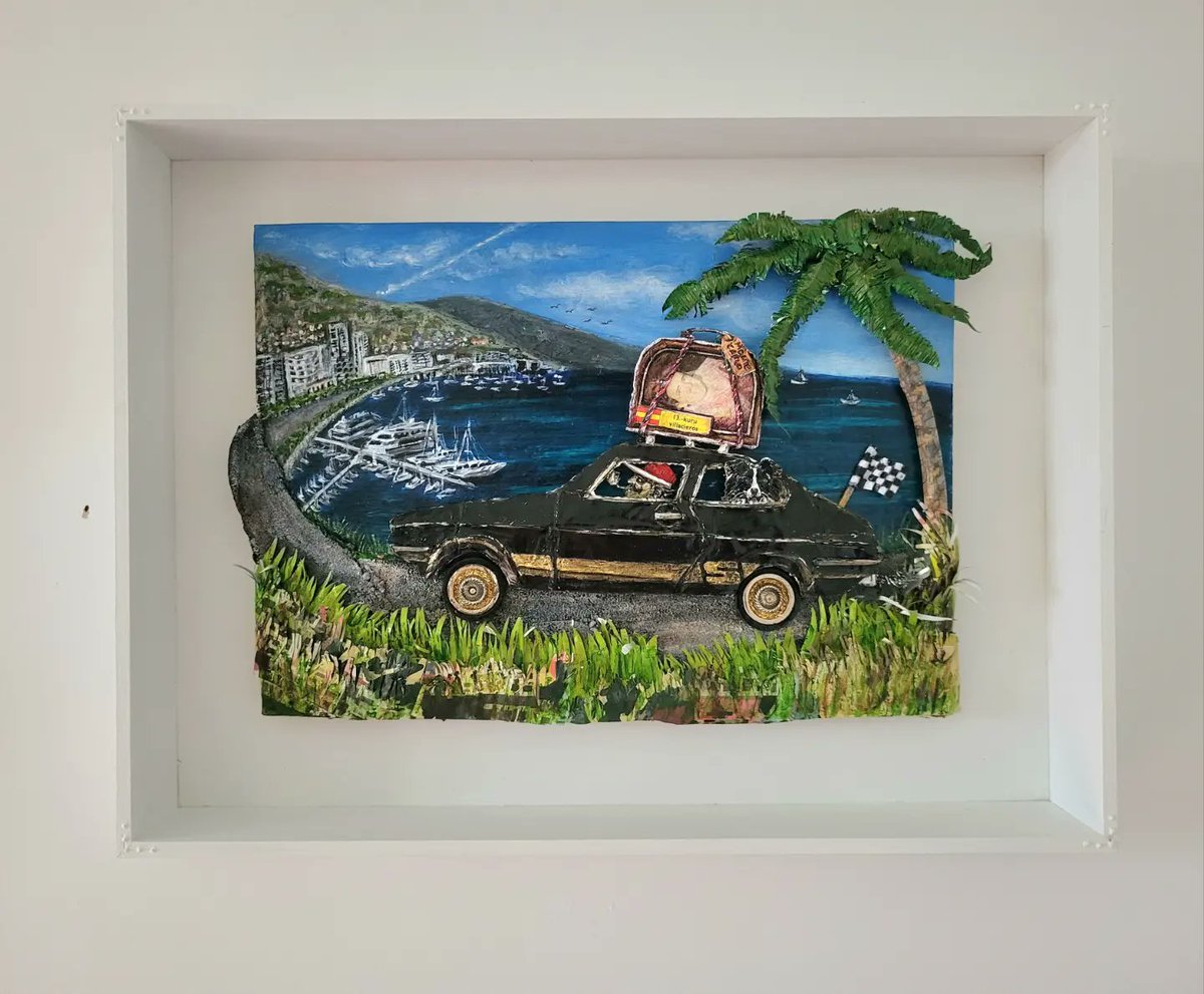 BlakewayRachael's tweet photo. Just dropped  off Fred and Gilly @orielcric  for the open art comp. Their case is packed, the black laser capris tank is full and Monte Carlo is calling! Brmmmmmmm..... #recycledart  #boyracer #retro #grandprix #vintagematchbox #montecarlo #vintagecar #collie  @Welsh_art https://t.co/ks9P5eje8j