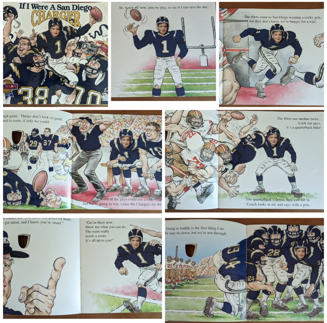 BoltDadPodcast's tweet photo. I found this hidden gem at a local sports collectibles shop recently and my boy loves it.  You put your kids pictures in the back page so they are the player in the book.  This came out just before our 94' Superbowl appearance.  I'd love to see the Chargers anime team update it! https://t.co/wVvz6nJm24