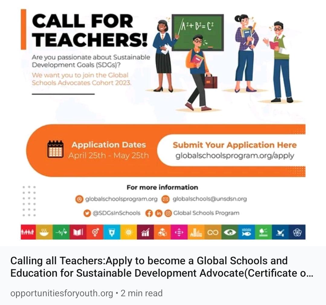 Calling all #Teachers! Looking for ways to integrate sustainability in your classroom?

Deadline May 25th : bit.ly/44v8iVW   

#education #teachers  #GlobalSchools #sdg4 #GlobalSchoolsAdvocates #sustainability #training