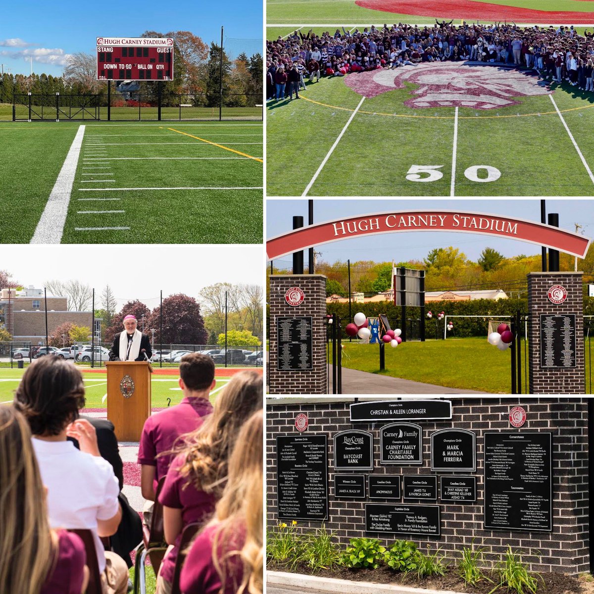 BishopStangHS's tweet photo. It was an amazing gift of a day for students, staff, coaches, and friends as Bishop da Cunha blessed our new athletic fields amidst the perfection of green turf and blue skies. Thank you to all who had a hand in making this dream come true for Spartan Village. https://t.co/D5sCPn13qq