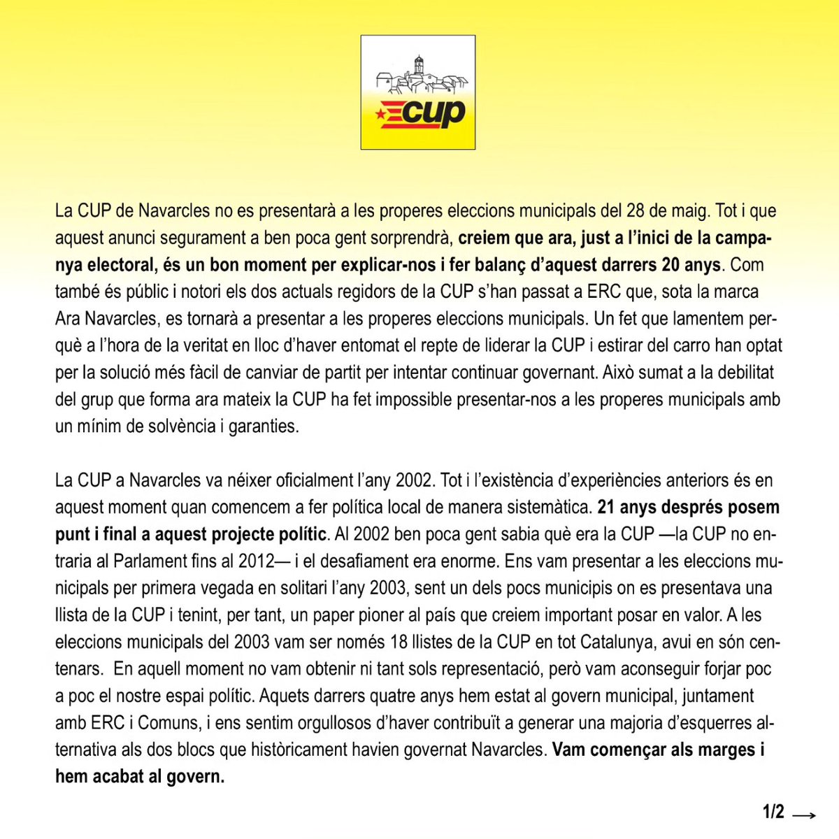 CupNavarcles's tweet photo. Després de més de 20 anys participant activament a la vida política de #Navarcles posem punt i final a aquest projecte polític.

Avui que comença la campanya electoral és un bon moment per explicar perquè no ens presentem i fer balanç.

Ho podeu llegir aquí👇🏼 https://t.co/KvUsKVIXB9