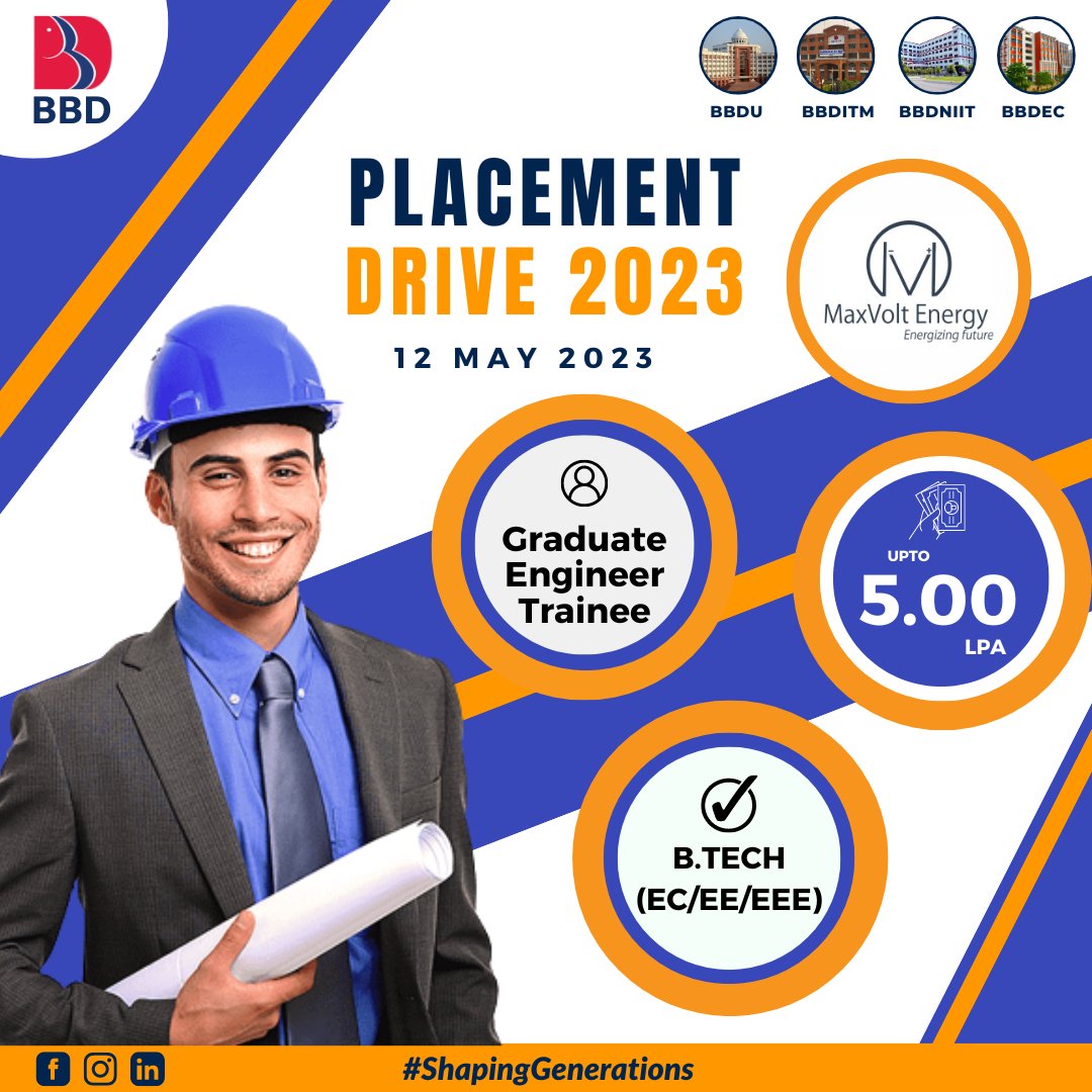 bbdniit056's tweet image. Opportunity with #Maxvolt Energy. Virtual Placement drive on 12th May for 2023 Batch passout. Good luck students!

#BBDStudents #jobopportunity #highereducation #placements #campusplacement #hiringalert #hiringtalent #youngtalent #hiringnow