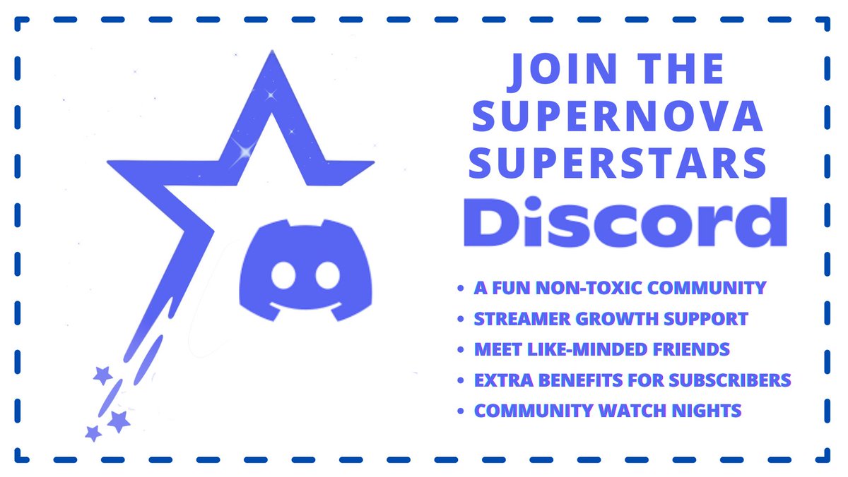 supernovaplays1's tweet photo. You are all invited to join The Supernova Superstars Discord Community. We're always growing and looking for more like-minded streamer/gamers/supporters to join us. Use the link in my bio to join up.
https://t.co/agCIwBrFgw #streamerscup #streamersupport #twitch #streamerhelp https://t.co/Ok5FAedGJ1