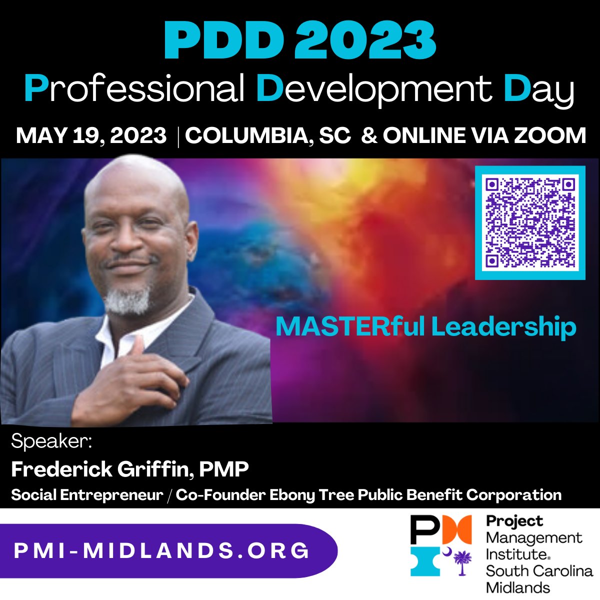 Our PDD 2023 is themed “Beyond the Project Plan” and will include a presentation by Frederick Griffin, PMP, Social Entrepreneur and Co-Founder of Ebony Tree Public Benefit Corporation.

Speakers + Sponsors + Learning + Networking = #PDD2023SC

REGISTER: bit.ly/PDD2023SC