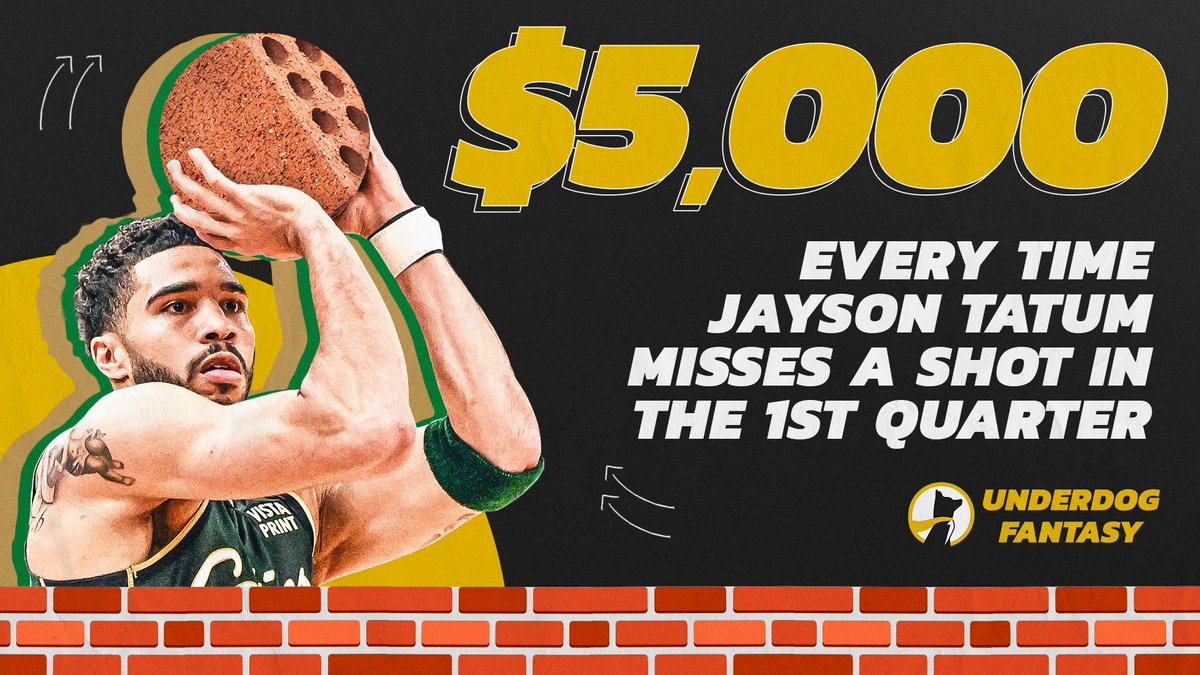 Every time Jayson Tatum bricks a shot in the 1st Quarter of Game 7, we will give away $5,000 to a random user who Quote Tweets this with their Underdog username and includes #UnderdogFantasy