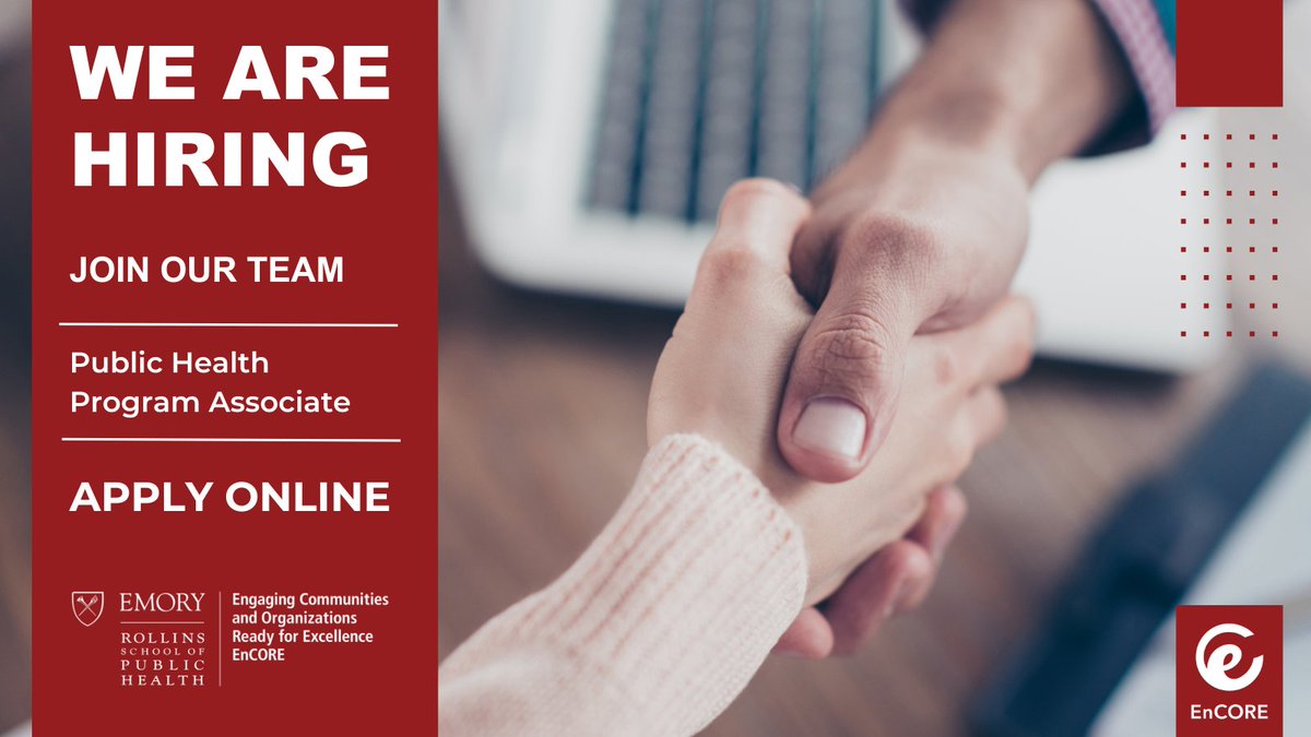 @EmoryCenters is hiring for a Public Health Program Associate to serve as a key member of the EnCORE team working as part of the @BeOurCOMPASS  Initiative to help address the HIV/AIDS epidemic in the southern US. Qualified candidates may apply here: buff.ly/3M2jlOh